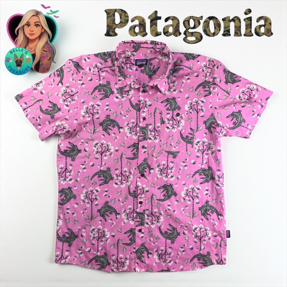 Patagonia Organic Cotton Shirt Mens XL Alligator Trees Pink Button Down RARE‎